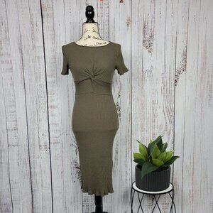 Everly Green Ribbed Knot Jewel Neck Chic Bodycon Midi Summer Short Sleeve Dress